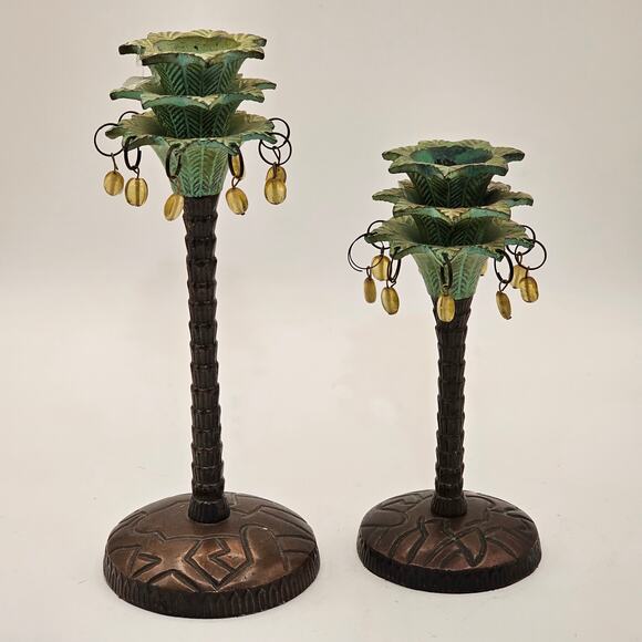 Cold Painted Brass Candlestick Set - Tropical Palm Trees with Beaded Accents - Picture 7 of 8